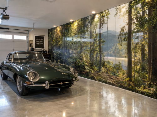 Acrylic panels forest mural in luxury garage with classic car