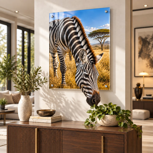 Beyond Frame Wall Art — frameless acrylic zebra print with standoff mounts