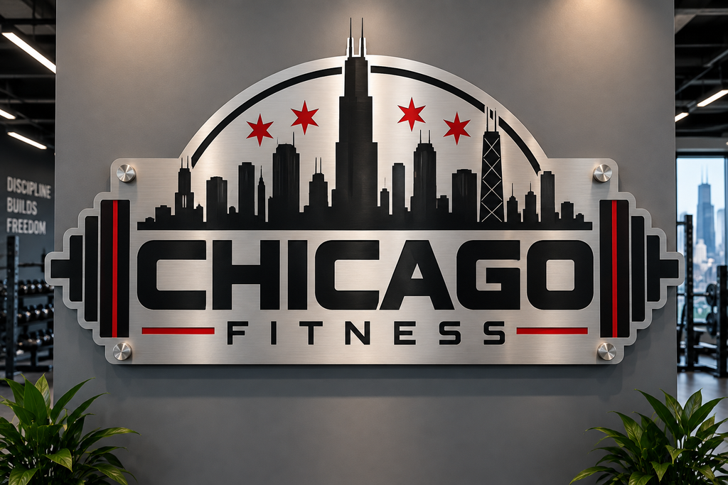 Custom ACP logo Chicago Fitness with brushed metal finish and stand-offs