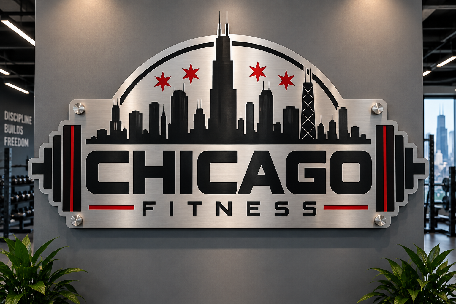 Custom ACP logo Chicago Fitness with brushed metal finish and stand-offs