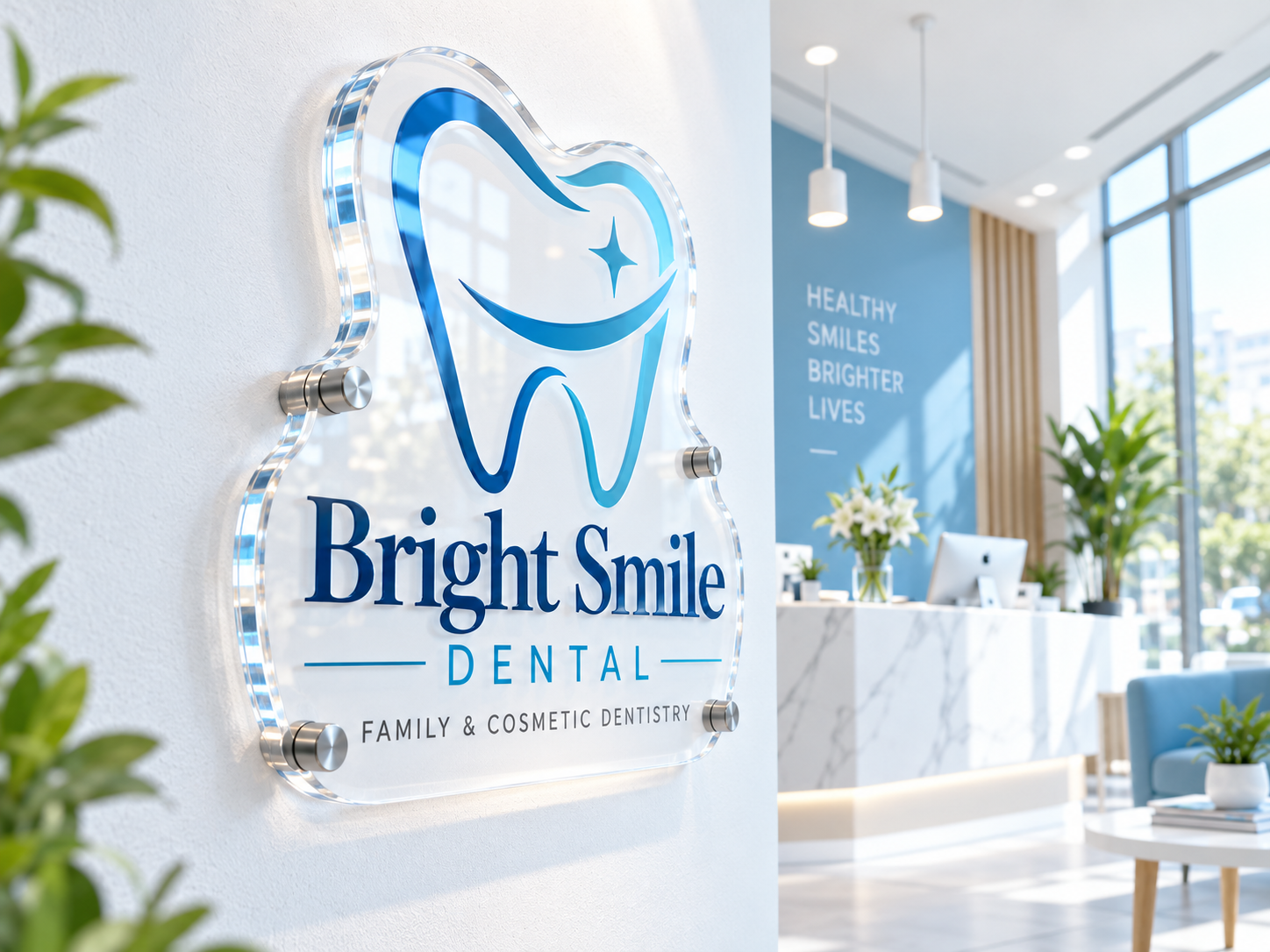 Custom acrylic logo Bright Smile Dental with stand-offs