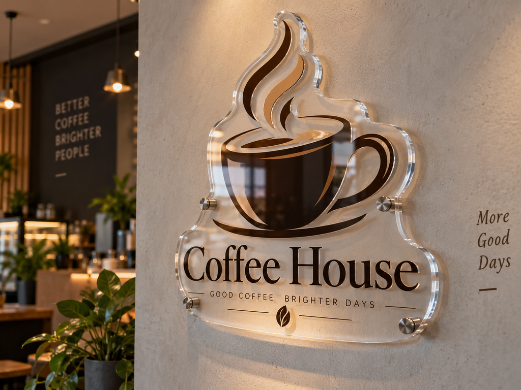 Custom acrylic logo Coffee House mounted with stand-offs