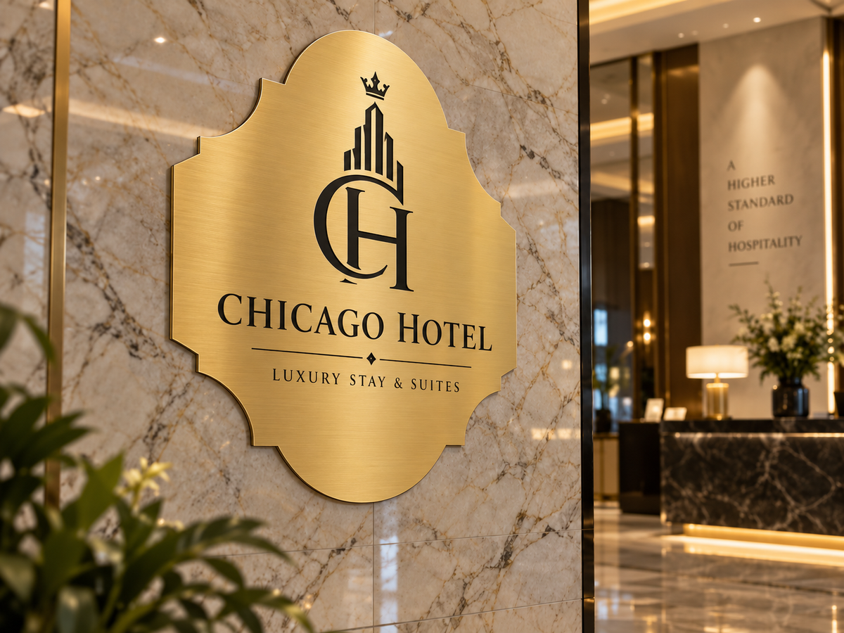 Custom brushed gold ACP logo Chicago Hotel on marble wall
