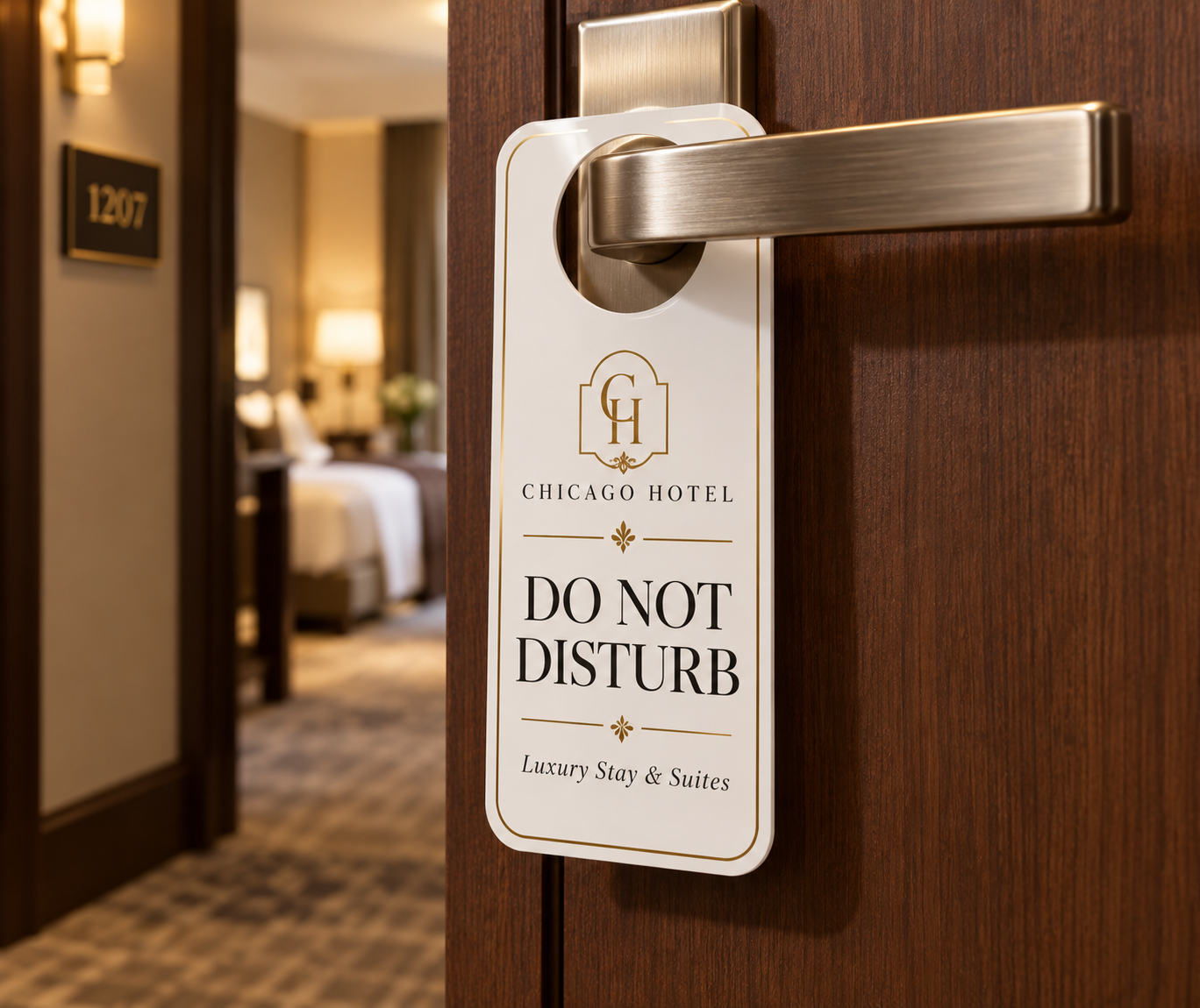 Custom door hanger Chicago Hotel Do Not Disturb on hotel door