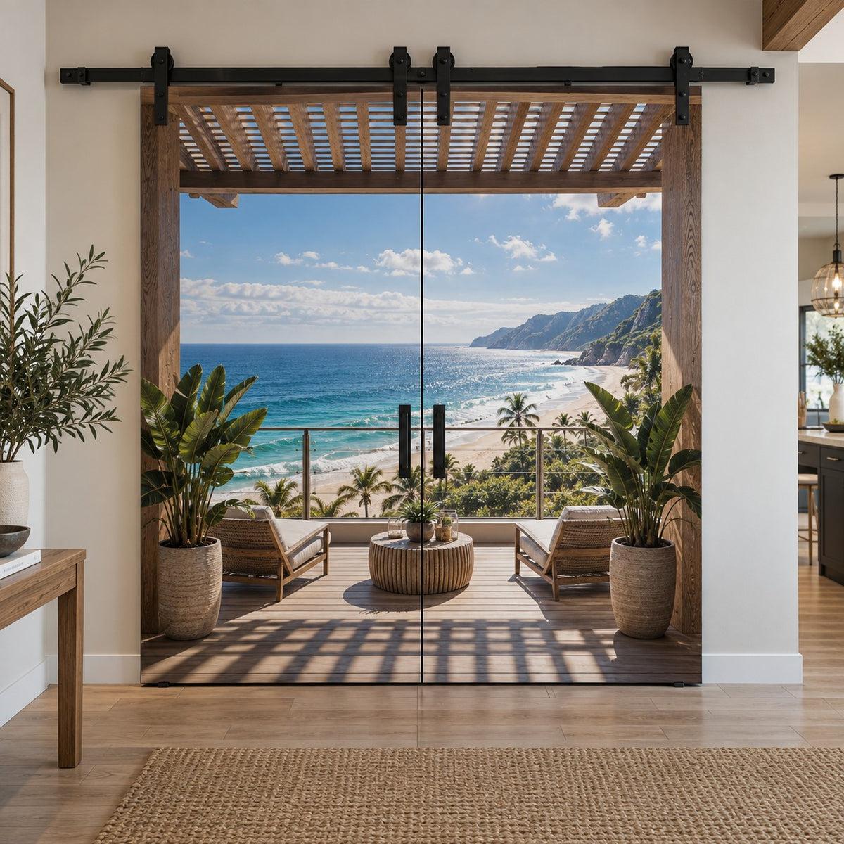 Custom image barn doors with tropical beach balcony mural