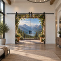 Custom image barn doors with mountain lake balcony mural