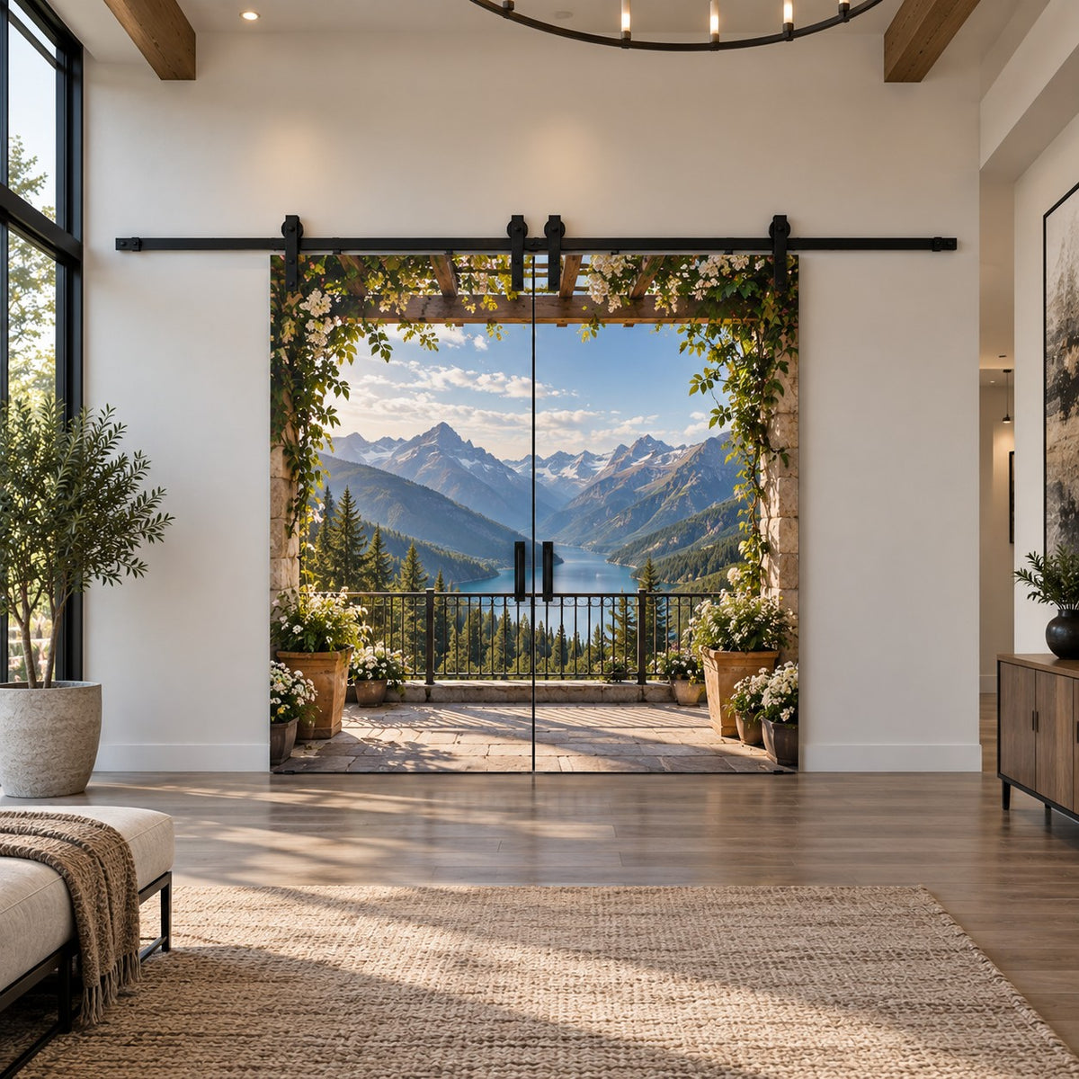 Custom image barn doors with mountain lake balcony mural