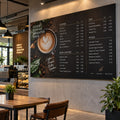Custom café menu board with coffee photo and drink list on black background