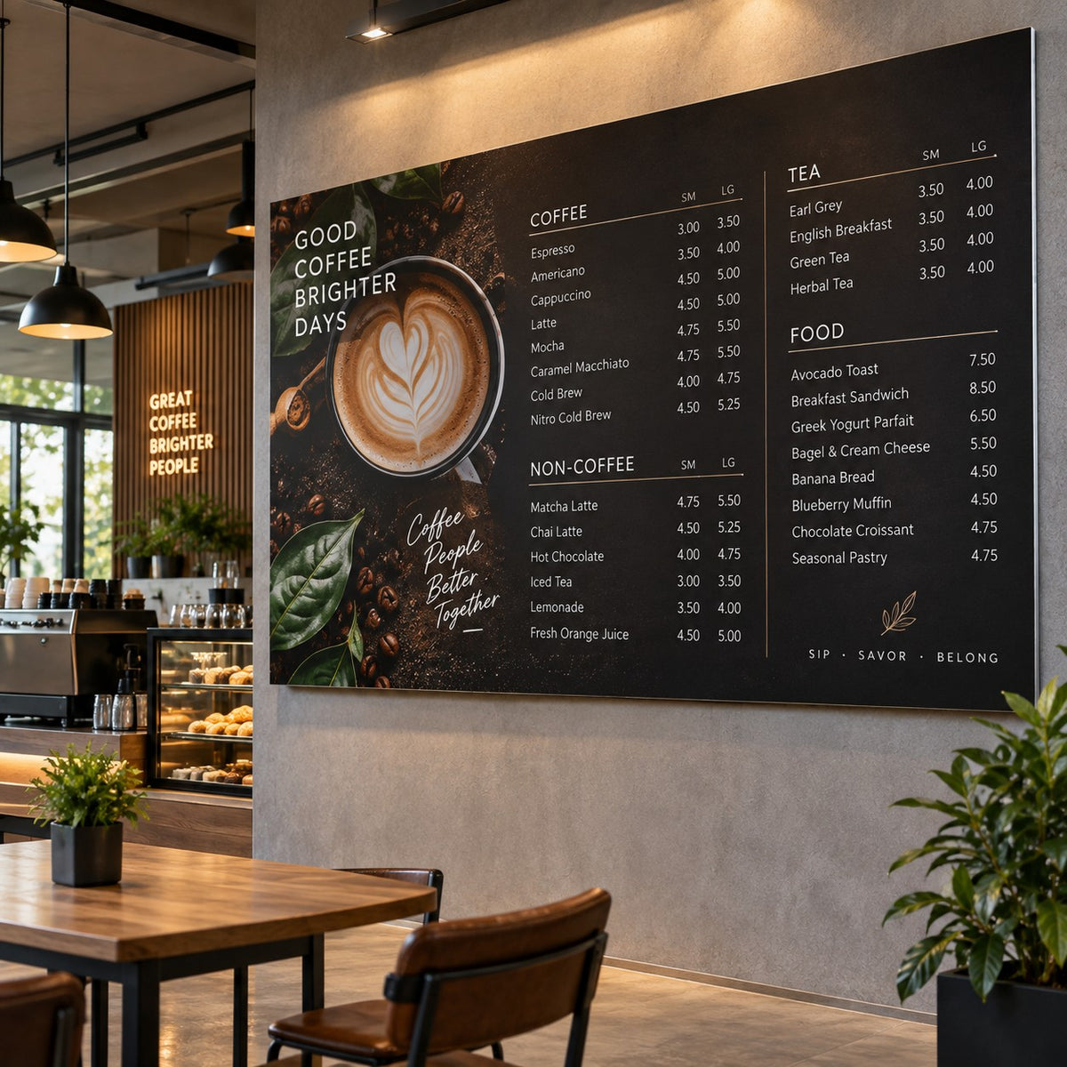 Custom café menu board with coffee photo and drink list on black background