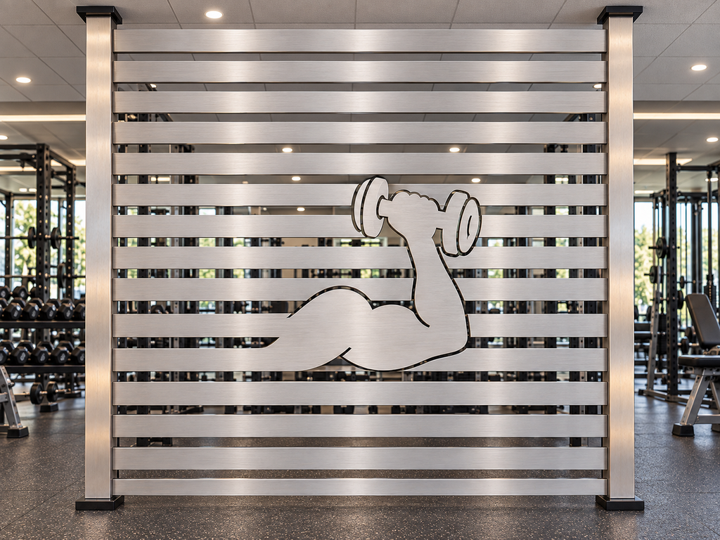 Custom brushed metal gym divider panel with flexing arm and dumbbell cutout