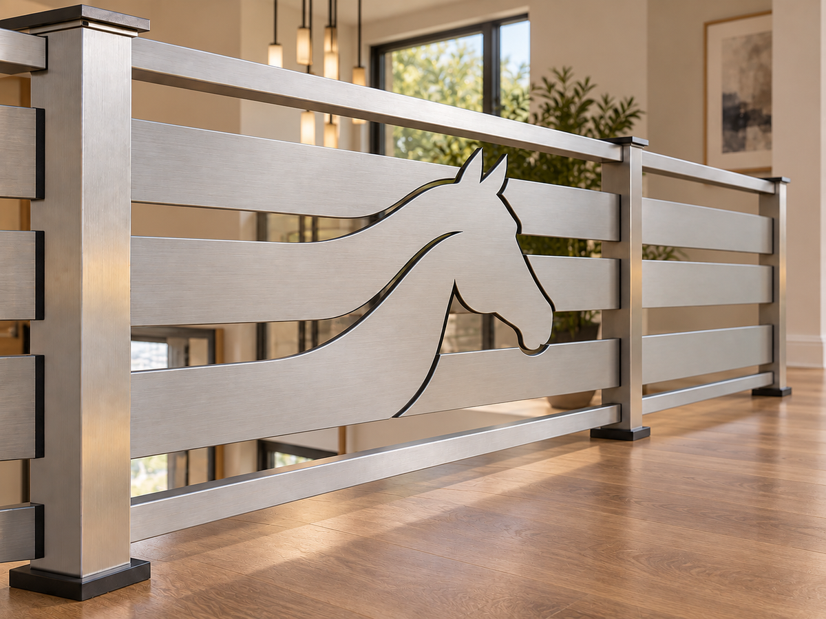 Custom brushed metal interior railing panel with horse head cutout