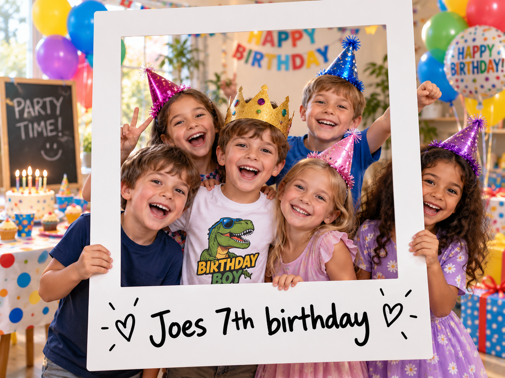 Custom shape birthday photo booth frame with kids at party