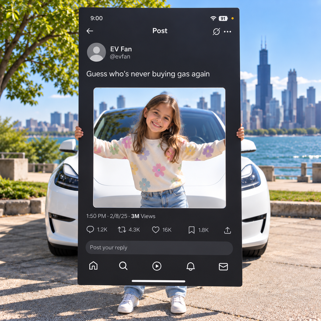Custom shapes oversized phone social post cutout held outdoors by Tesla and Chicago skyline