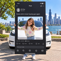 Custom shapes oversized phone social post cutout held outdoors by Tesla and Chicago skyline