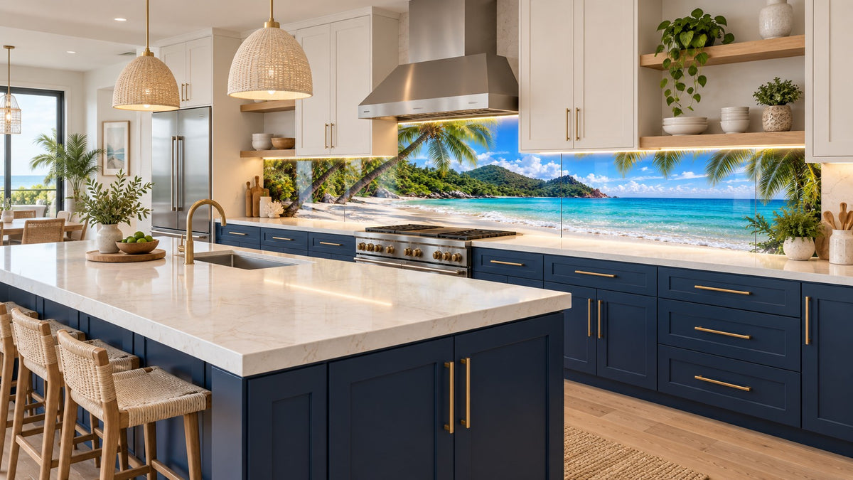 Wide kitchen view with custom acrylic tropical beach backsplash