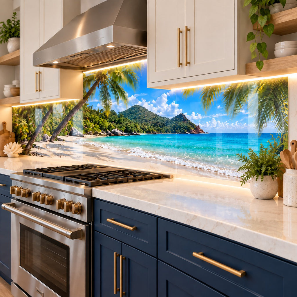 Acrylic backsplash with tropical beach print behind a navy kitchen range