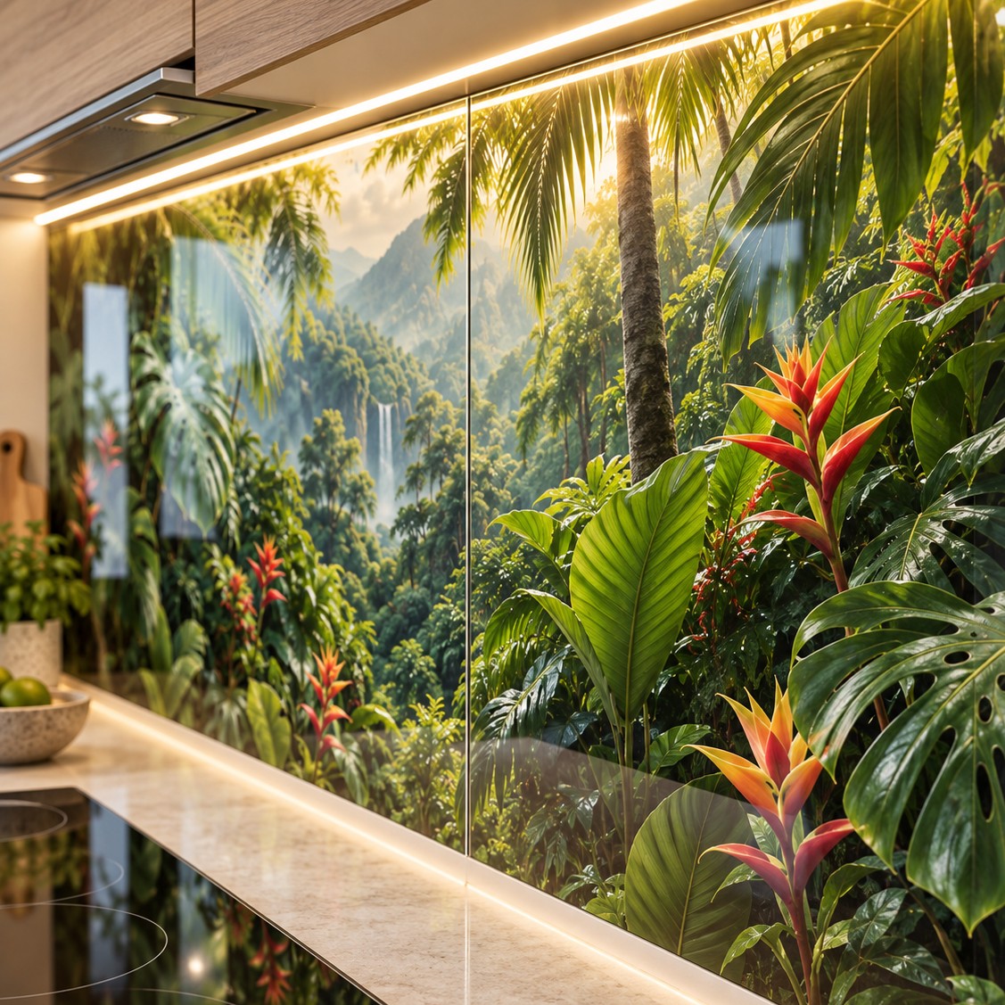 Custom size acrylic tropical backsplash with under-cabinet lighting