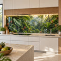 Custom size acrylic backsplash with tropical jungle print in a modern kitchen