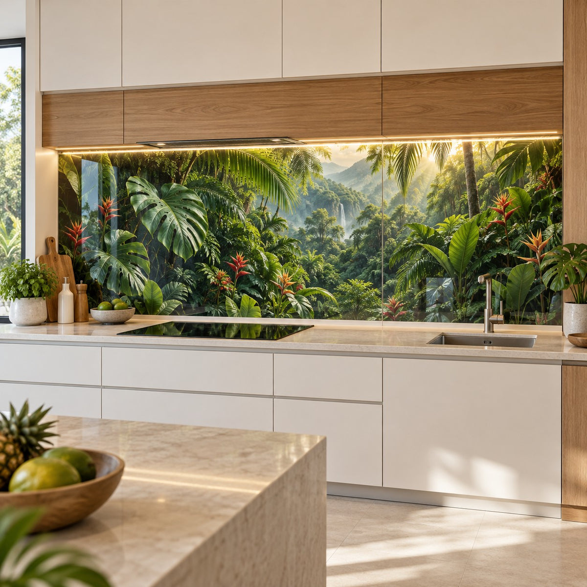Custom size acrylic backsplash with tropical jungle print in a modern kitchen