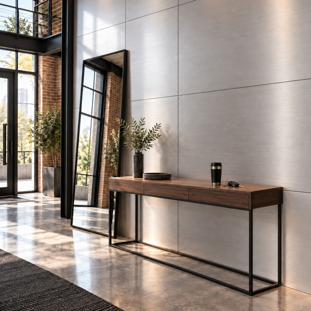 Custom sized ACP panels on a foyer wall with brushed metal finish