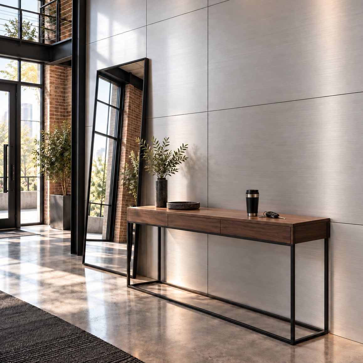 Custom sized ACP panels on a foyer wall with brushed metal finish