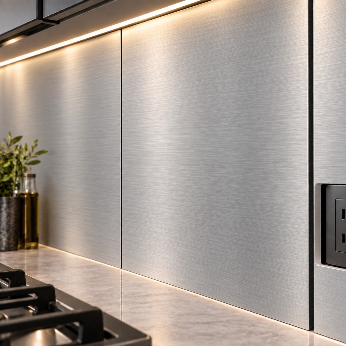Custom sized ACP panels as a brushed metal kitchen backsplash