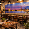 Custom sized multi-panel Venice artwork fitted above a restaurant banquette