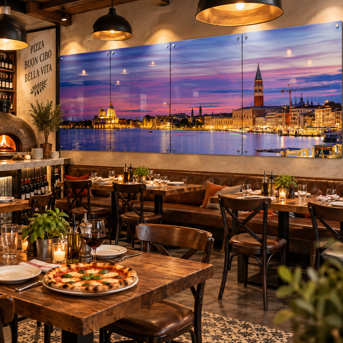 Custom sized multi-panel Venice artwork fitted above a restaurant banquette