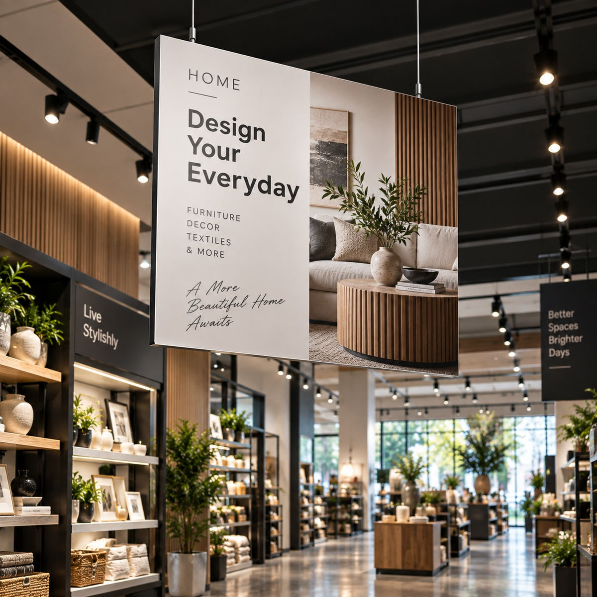 Custom wall hanging retail sign with HOME Design Your Everyday message and living room photo