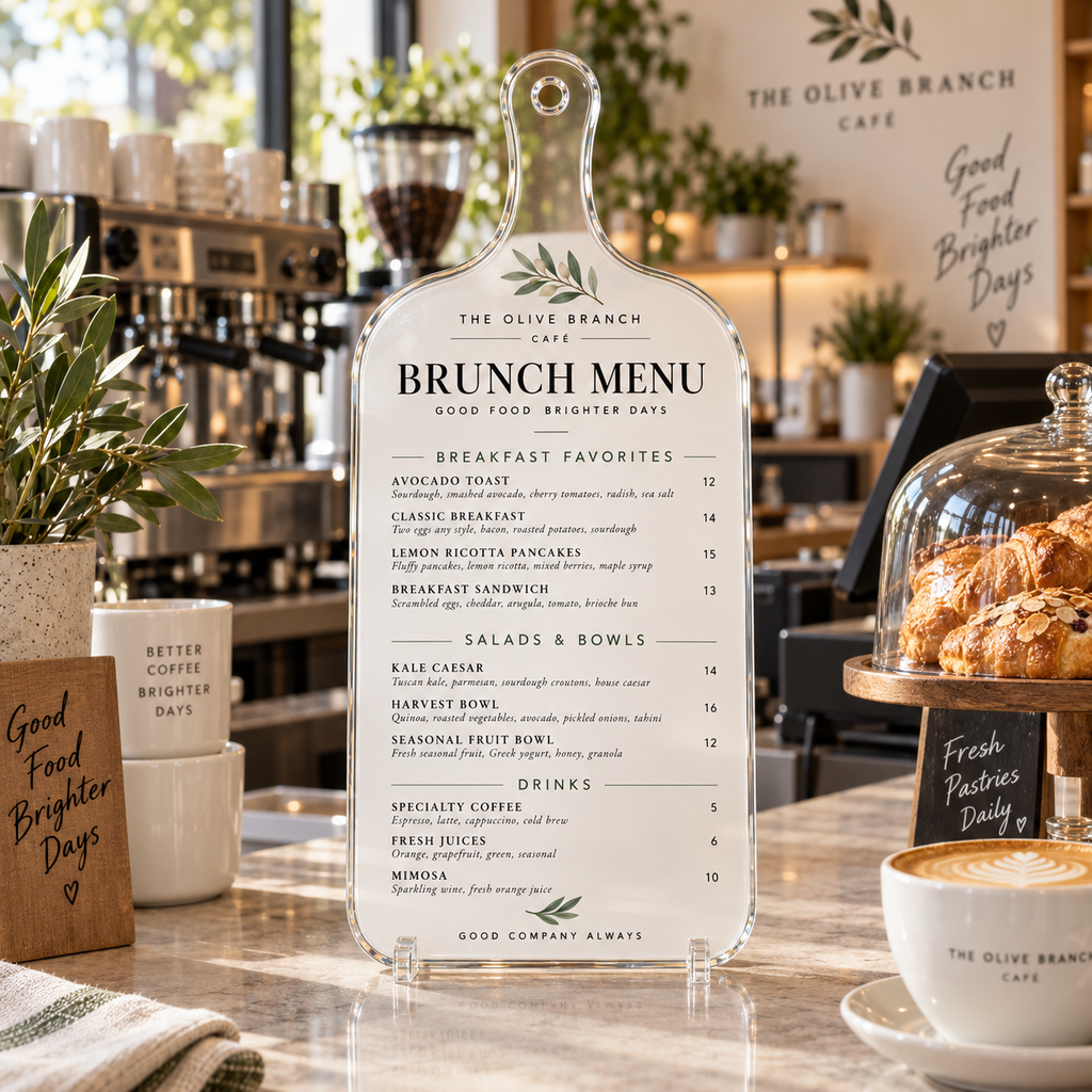 Cutting board shaped acrylic brunch menu displayed in a café on clear stand feet