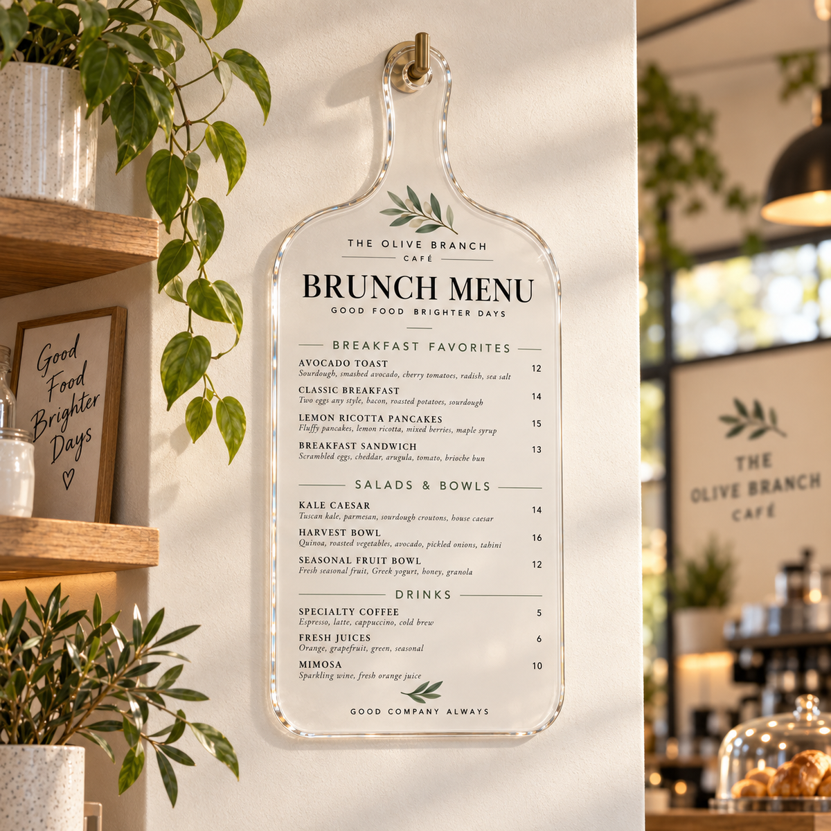 Cutting board shaped acrylic brunch menu hanging on a café wall from a brass hook