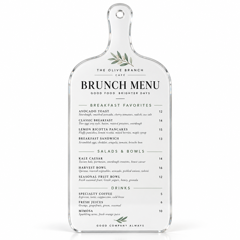 Cutting board shaped clear acrylic with printed brunch menu example