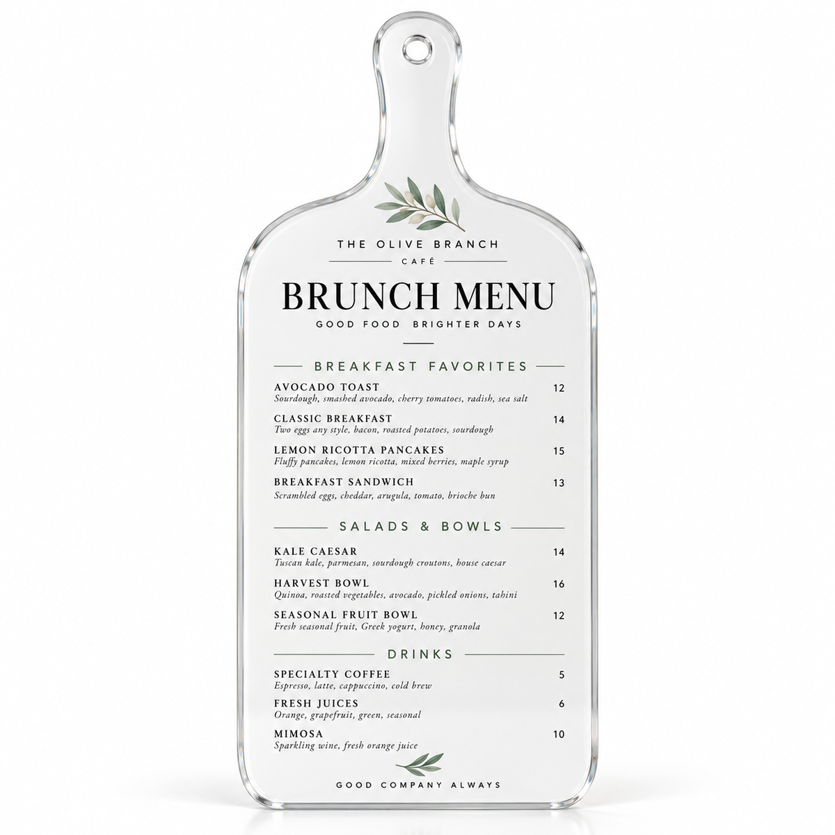 Cutting board shaped clear acrylic with printed brunch menu example