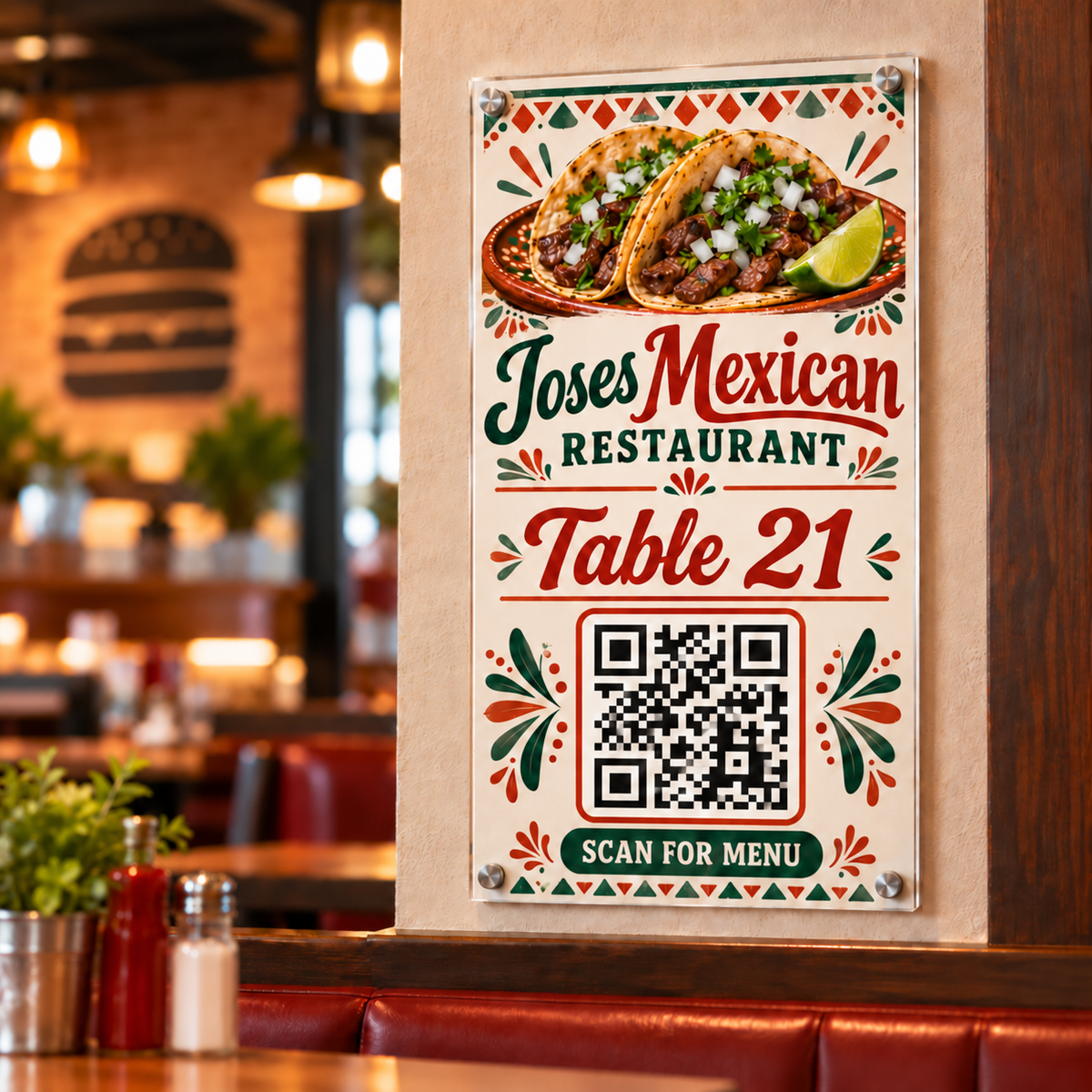 Custom acrylic QR code menu sign for Jose's Mexican Restaurant, table 21