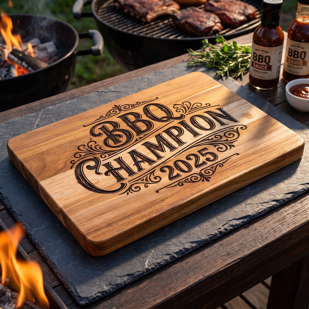 Teak cutting board laser engraved BBQ Champion 2025